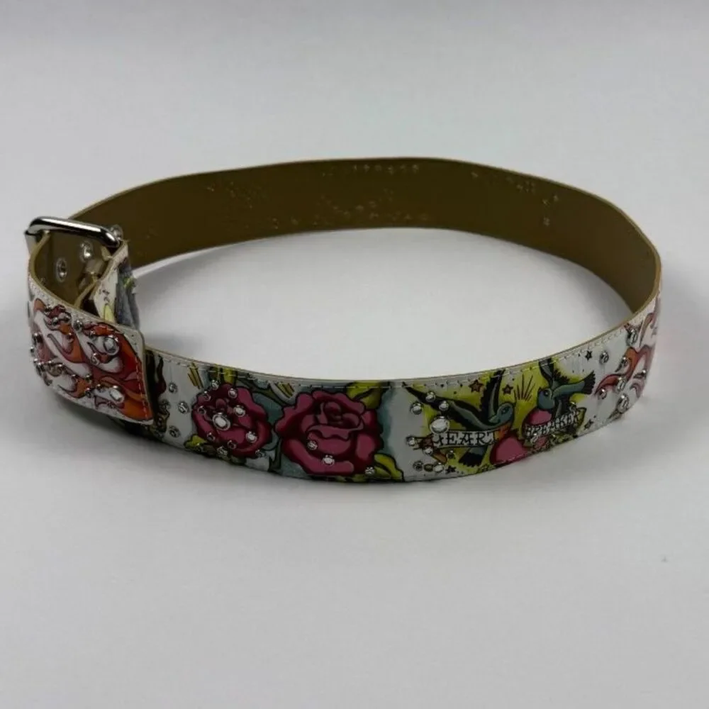 Ed Hardy Style Tattoo-Inspired Graphic Belt Colorful Rhinestone Accents 38.5